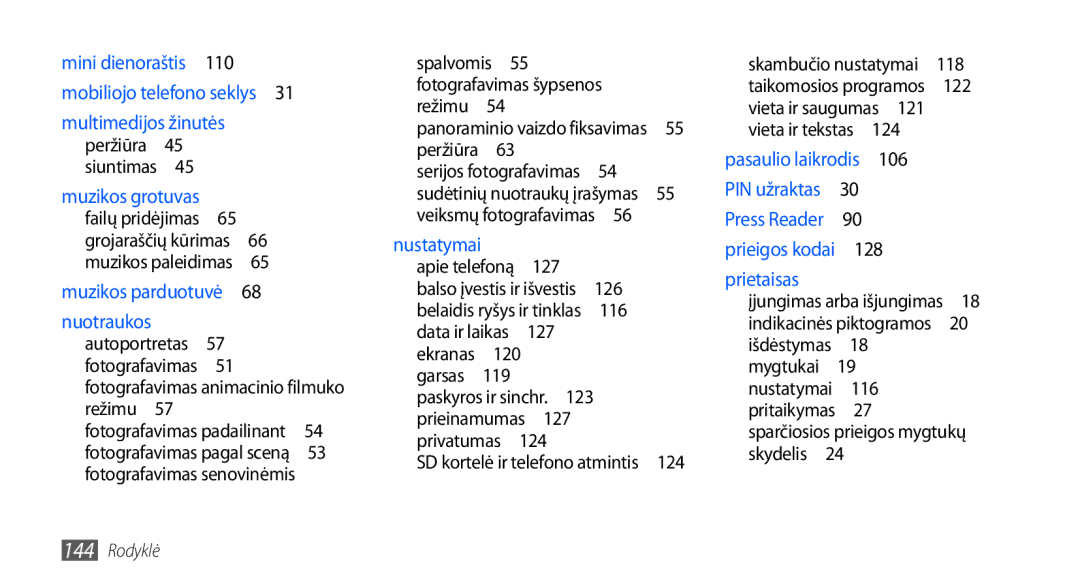 Samsung GT-I9001HKDSEB manual Režimu , Spalvomis Fotografavimas šypsenos, 127, 116, 120, 122, 106, 128 